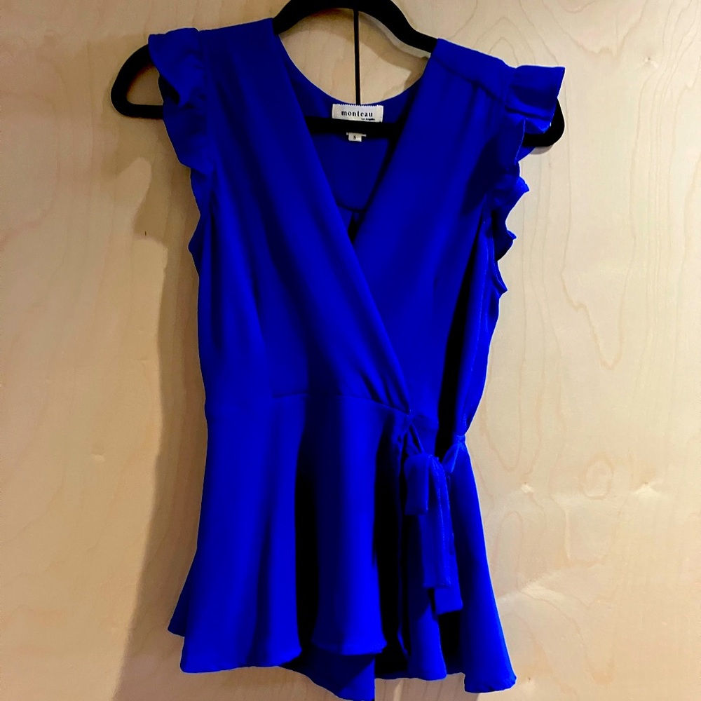 Royal Blue, Ruffled, Small, Sleeveless Wrap Blouse